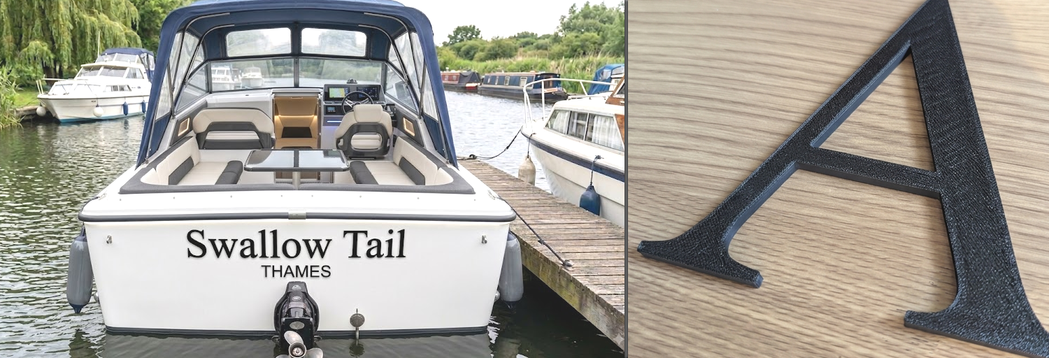 3D printed boat lettering example on a boat and close-up of a letter